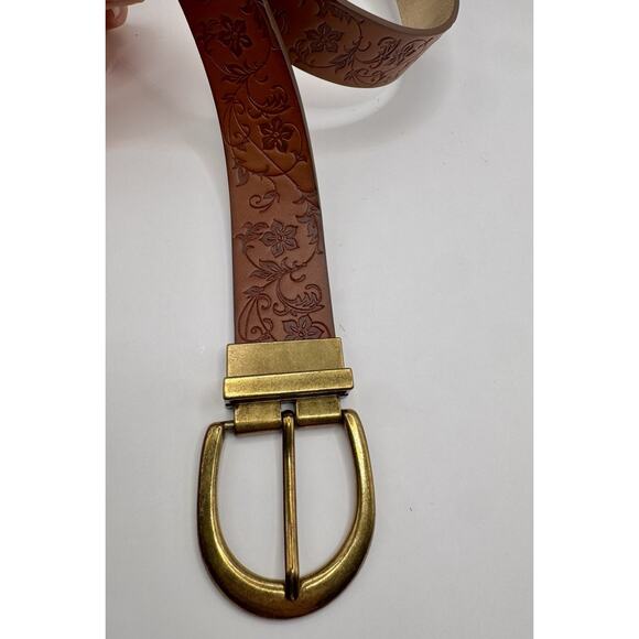 Reversible Brown Floral Embossed Leather Belt Metallic Gold Boho Brass Buckle main image 6